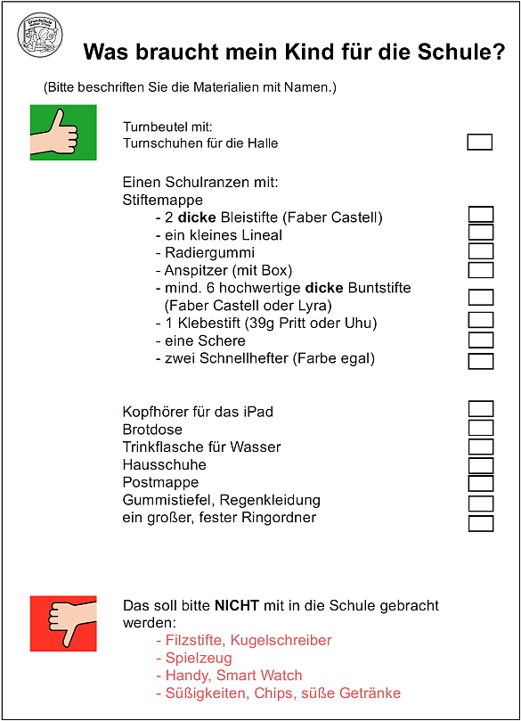 Liste notwendiger Schulsachen