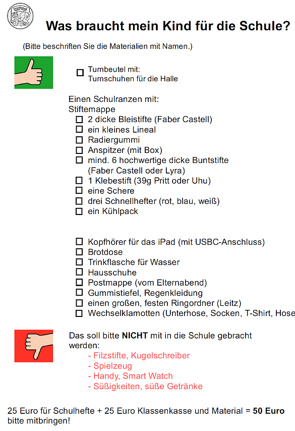 Liste notwendiger Schulsachen