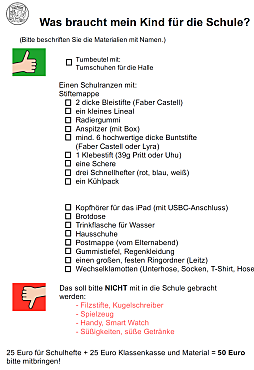 Liste notwendiger Schulsachen