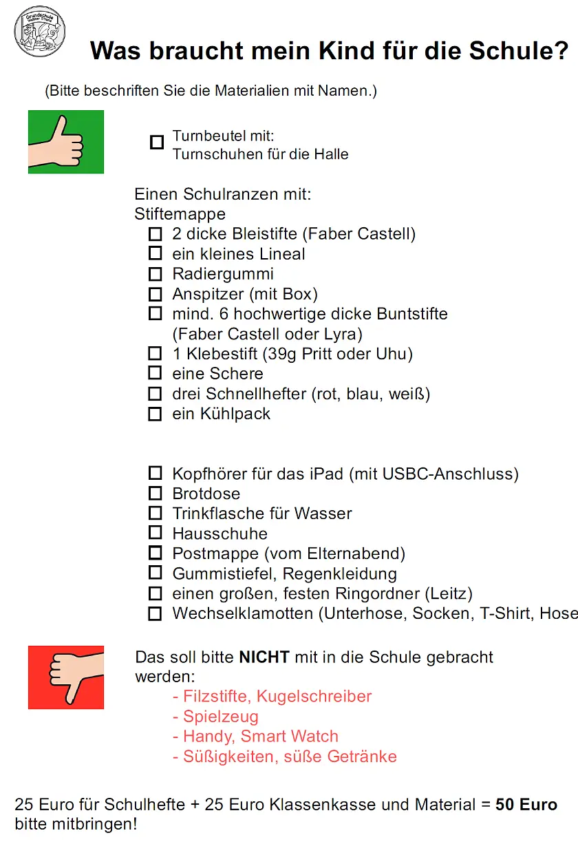 Liste notwendiger Schulsachen